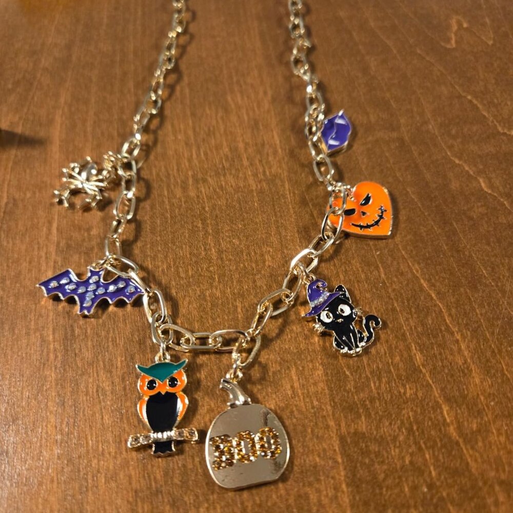 Halloween Pumpkin Cat Ghost Skull Gold Charm Necklace